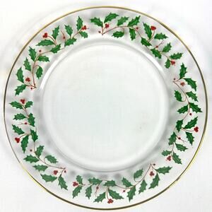 Arcoroc France Christmas Clear Holly Berries Gold Rim 8" Salad Dessert Plate(s)